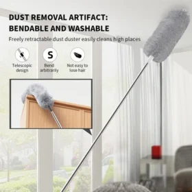 Extendable duster with long handle cleaning a ceiling fan.