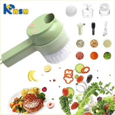 Handheld vegetable chopper with multi-blade cutter slicing vegetables
